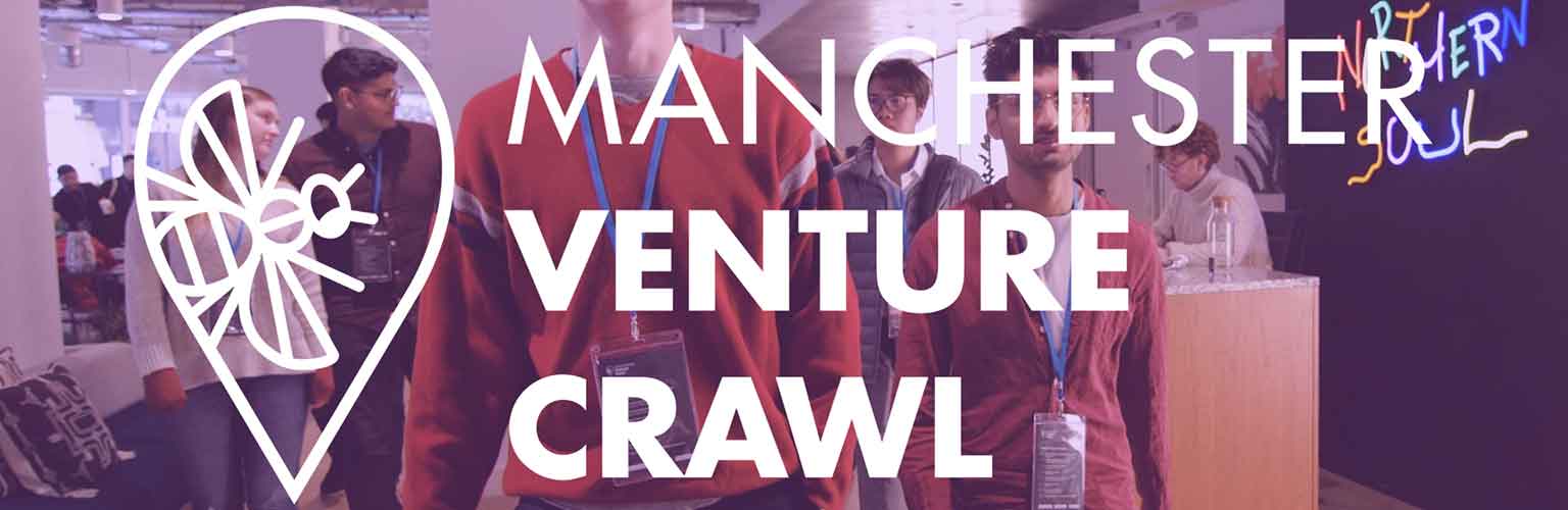 A group of students walking down a corridor with the Venture Crawl logo overlaid on top