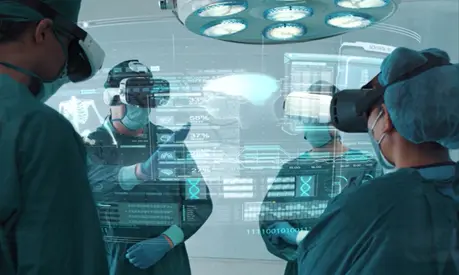 Scientists looking at medical data using VR goggles
