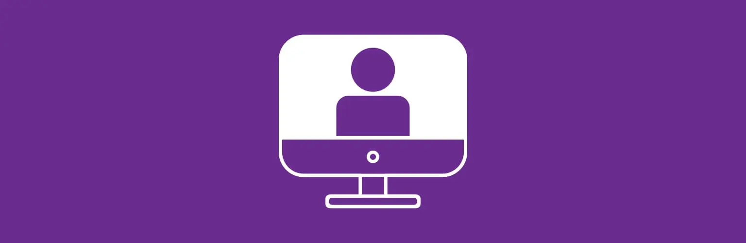 webinar icon of monitor with person outline in screen and purple background