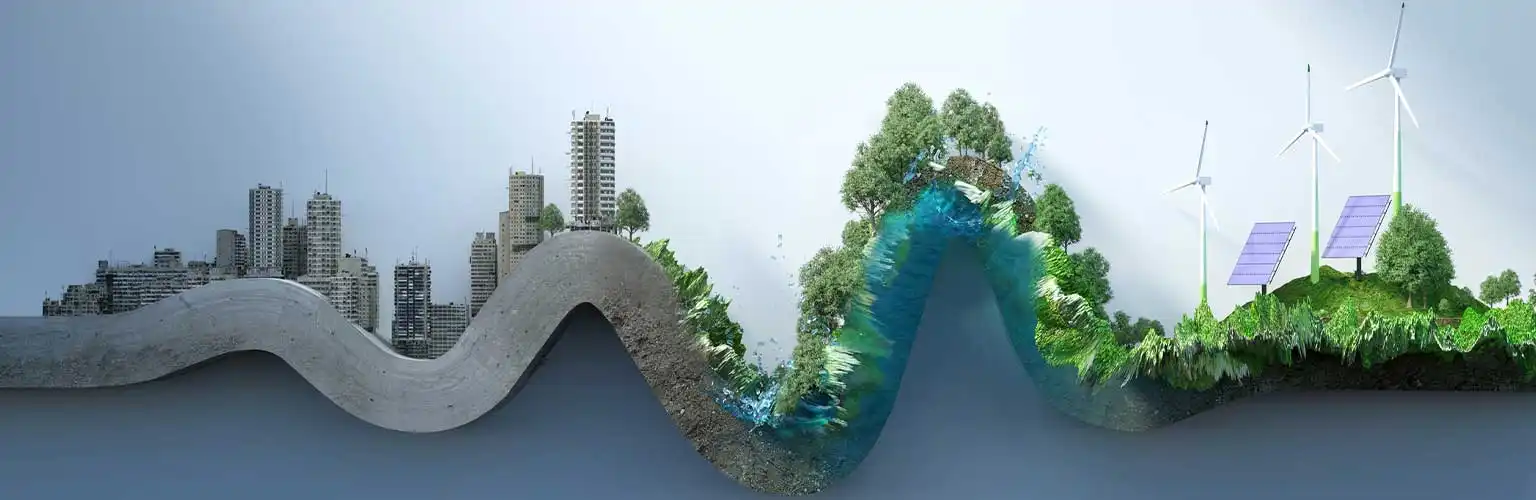 graphic representing a chart showing a city transforming to a greener environment