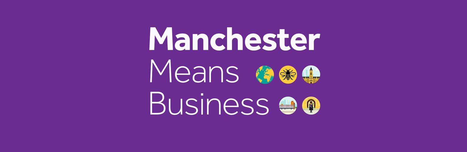 Manchester Means Business text with icons