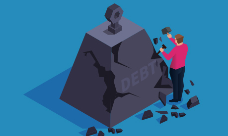 A graphic showing someone chiselling away at the weight of debt.